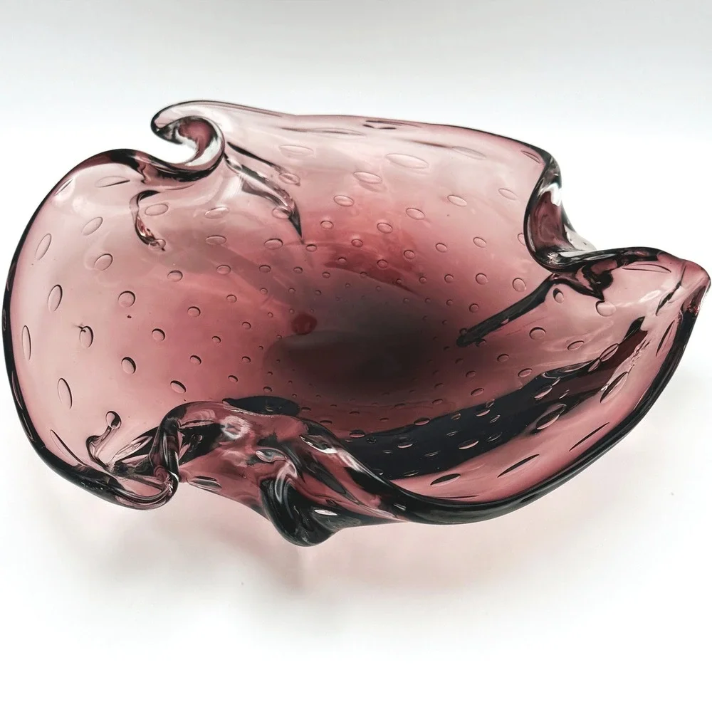 Vintage Amethyst Bullicante Art Glass Bowl Murano Style Controlled Bubble Dish